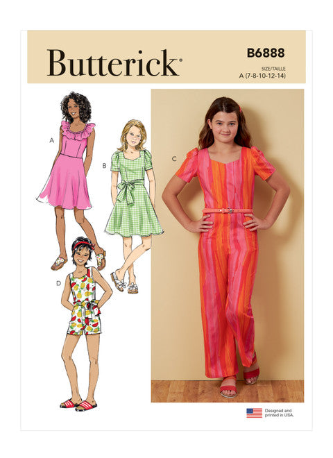 Butterick Schnittmuster B6888 Mädchen Jumpsuit, Strampler und Schärpe