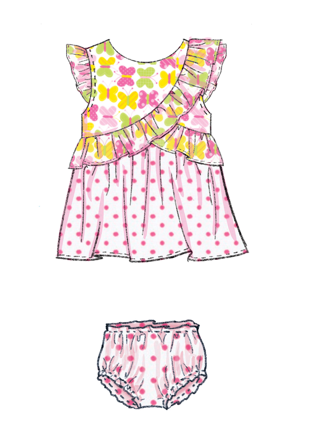 Butterick Schnittmuster B6904 – Babystrampler, Kleid & Höschen