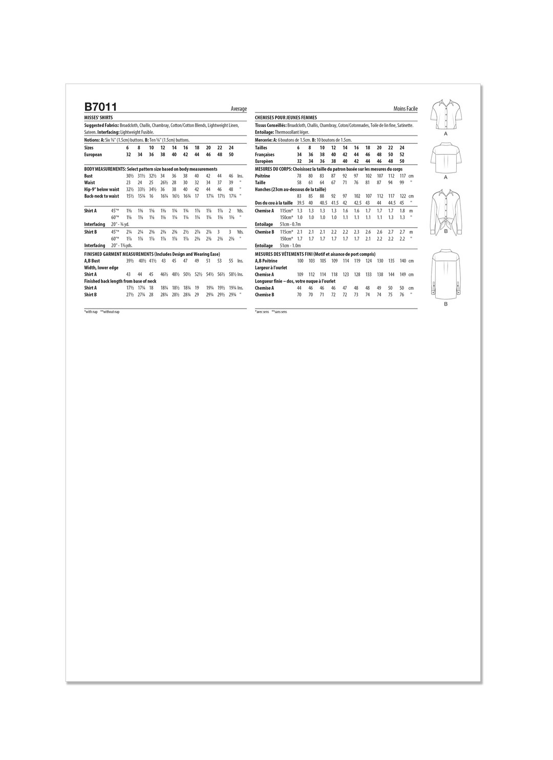 Butterick Schnittmuster B7011 Damen TOP