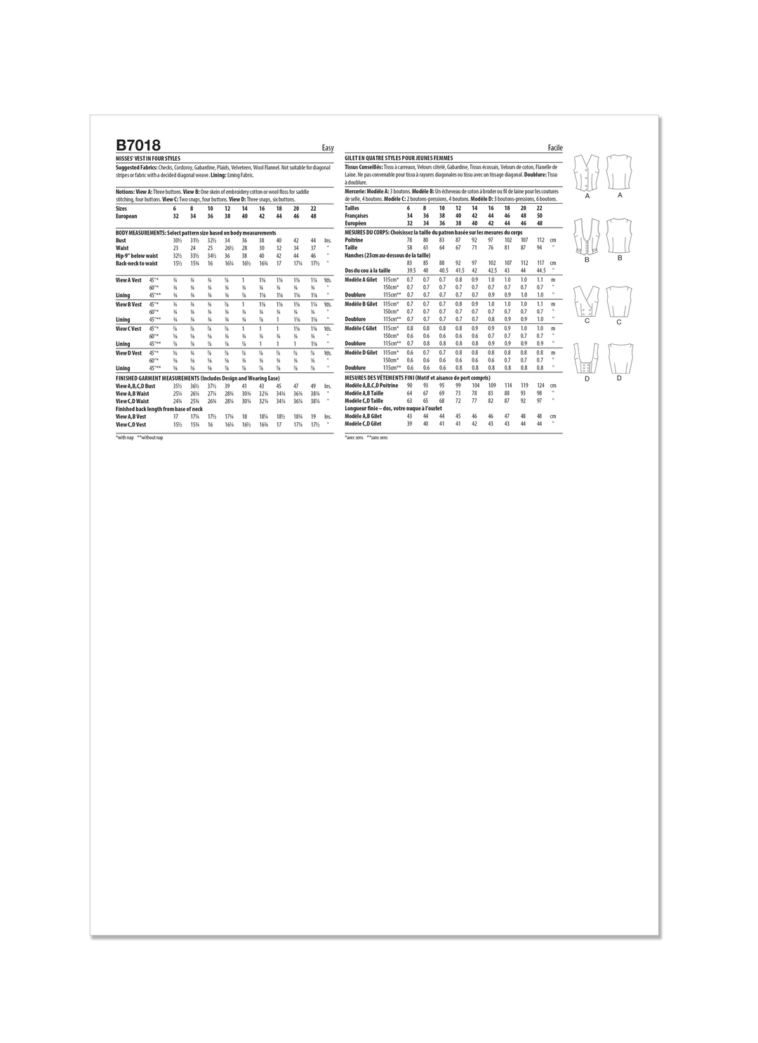 Butterick Schnittmuster B7018 Damen Weste