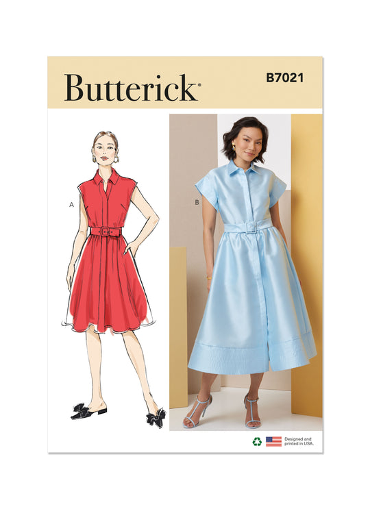Butterick Schnittmuster  B7021 Damen Kleid mit Gürtel, Ärmel- und Längenvariationen