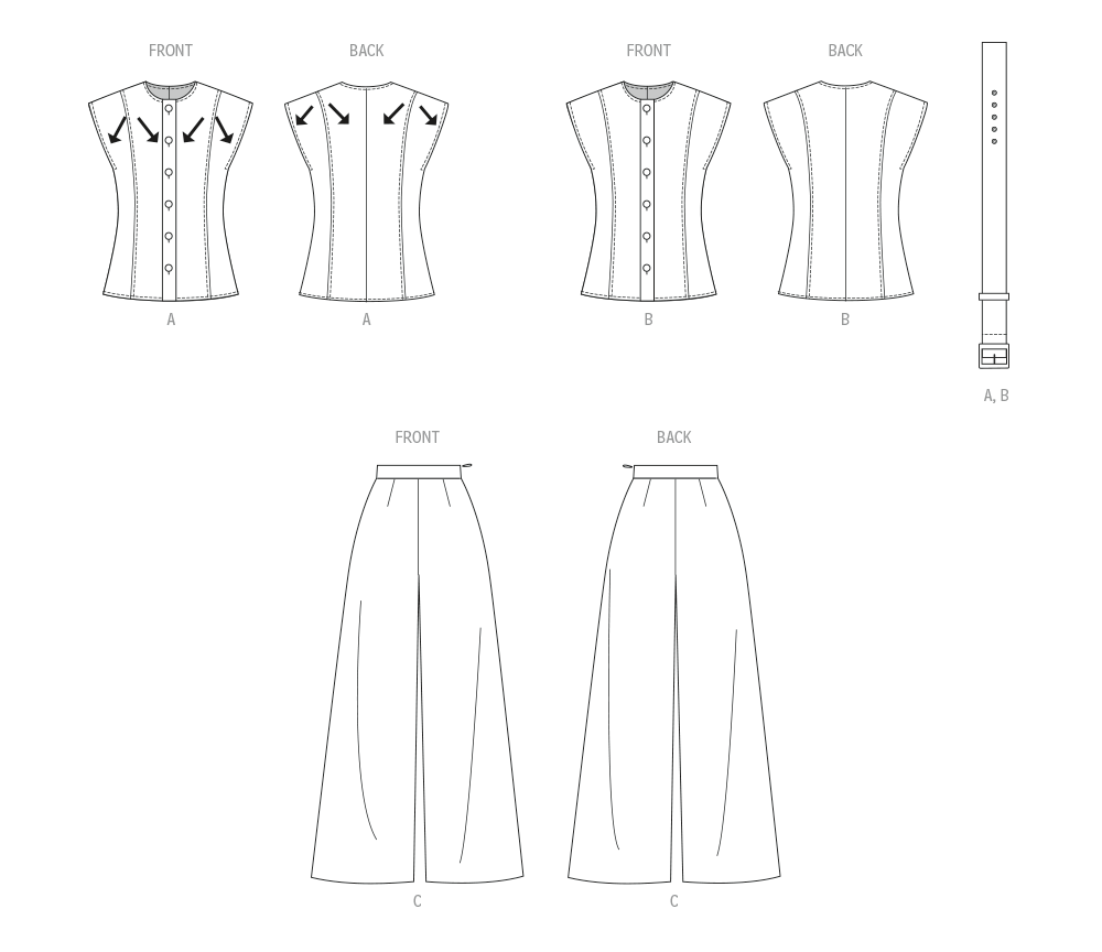 Butterick Schnittmuster  B7028 Damen Top mit Gürtel und Hose