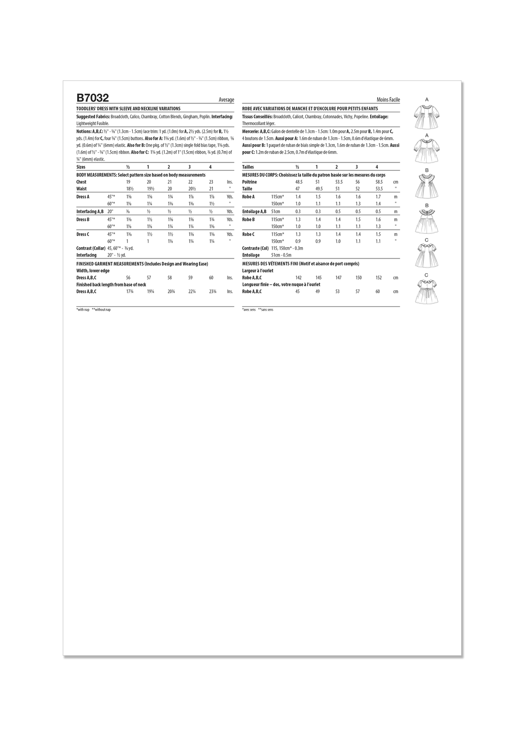 Butterick Schnittmuster  B7032 kleinkinder Kleid mit Ärmel- und Halsausschnittvariationen