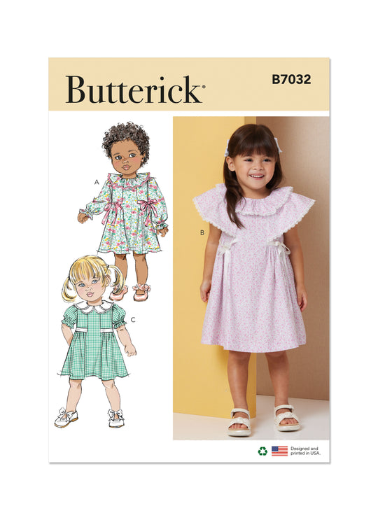 Butterick Schnittmuster  B7032 kleinkinder Kleid mit Ärmel- und Halsausschnittvariationen