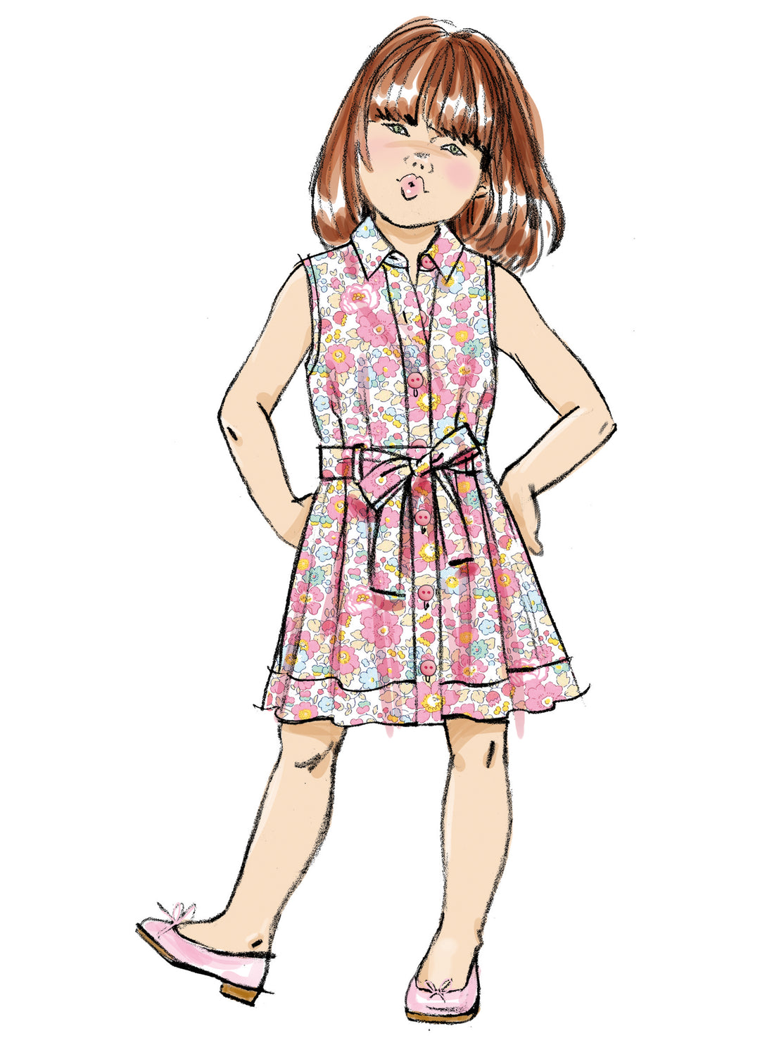 Butterick Schnittmuster  B7033 Kinder Kleid mit Ärmelvariationen und Bindegürtel