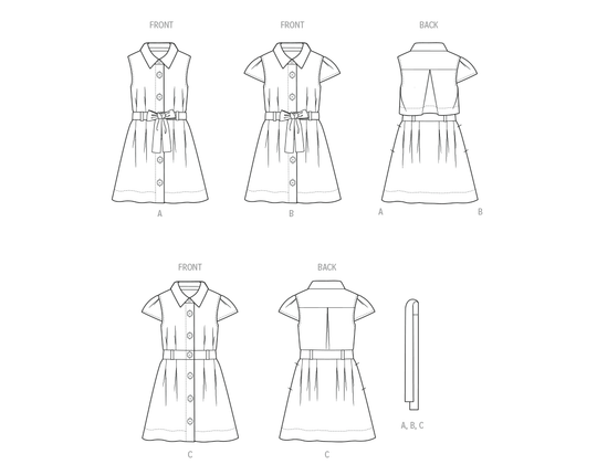 Butterick Schnittmuster  B7033 Kinder Kleid mit Ärmelvariationen und Bindegürtel