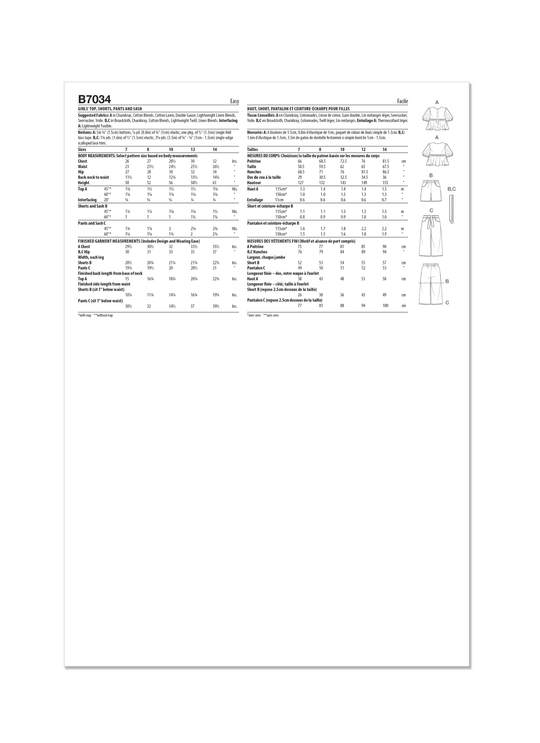 Butterick Schnittmuster  B7034 Kinder Oberteil, Shorts, Hose und Schärpe
