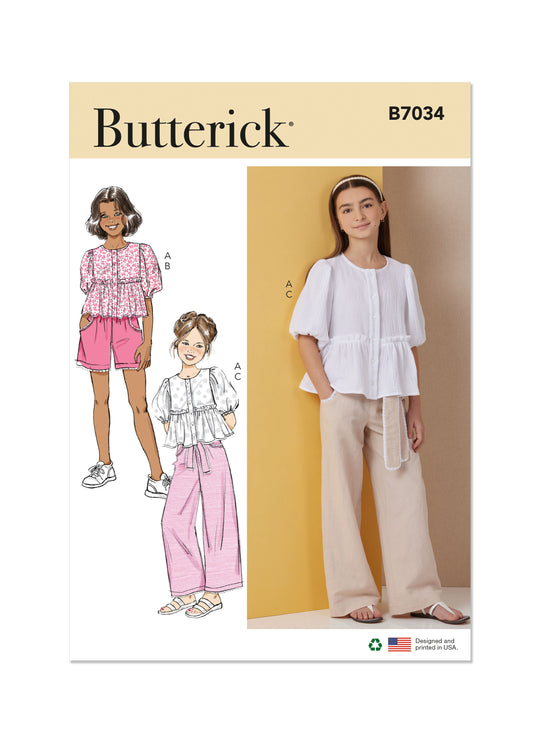 Butterick Schnittmuster  B7034 Kinder Oberteil, Shorts, Hose und Schärpe