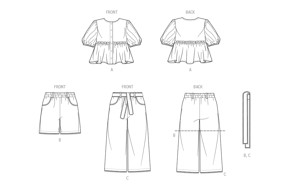 Butterick Schnittmuster  B7034 Kinder Oberteil, Shorts, Hose und Schärpe