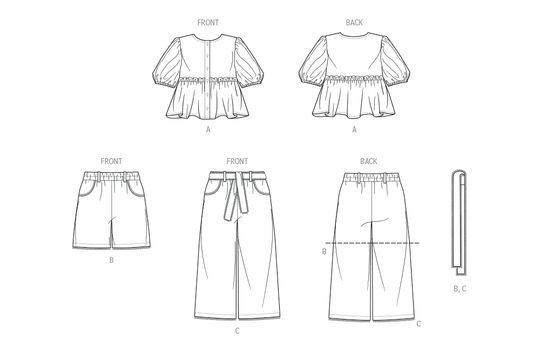 Butterick Schnittmuster  B7034 Kinder Oberteil, Shorts, Hose und Schärpe