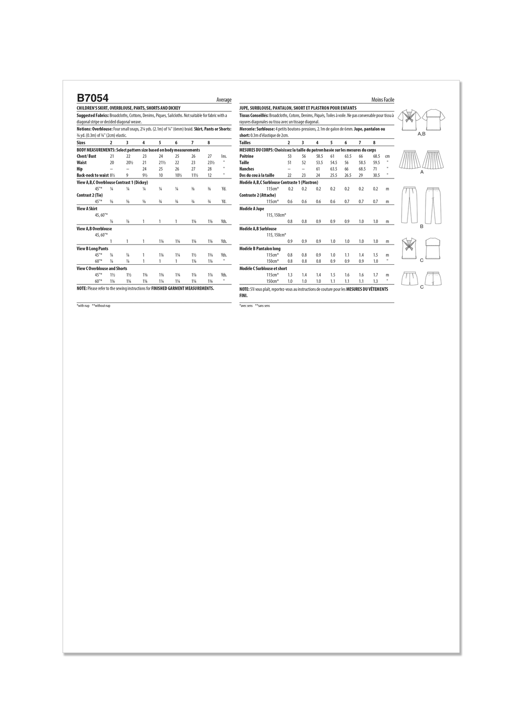 Butterick Schnittmuster B7054 Vintage Kinderrock, Überziehbluse, Hose, Shorts und Mieder