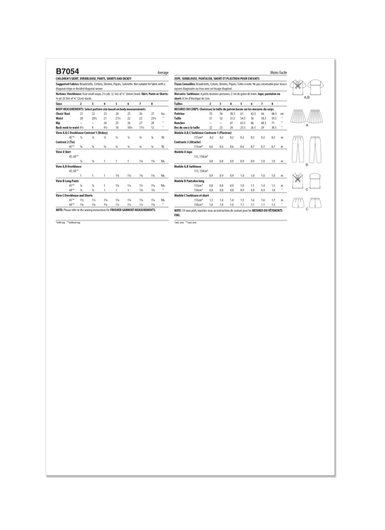 Butterick Schnittmuster B7054 Vintage Kinderrock, Überziehbluse, Hose, Shorts und Mieder
