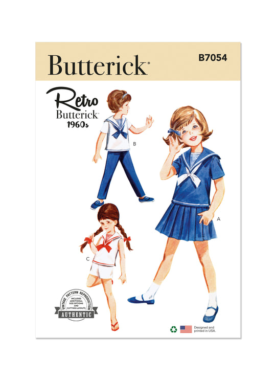 Butterick Schnittmuster B7054 Vintage Kinderrock, Überziehbluse, Hose, Shorts und Mieder