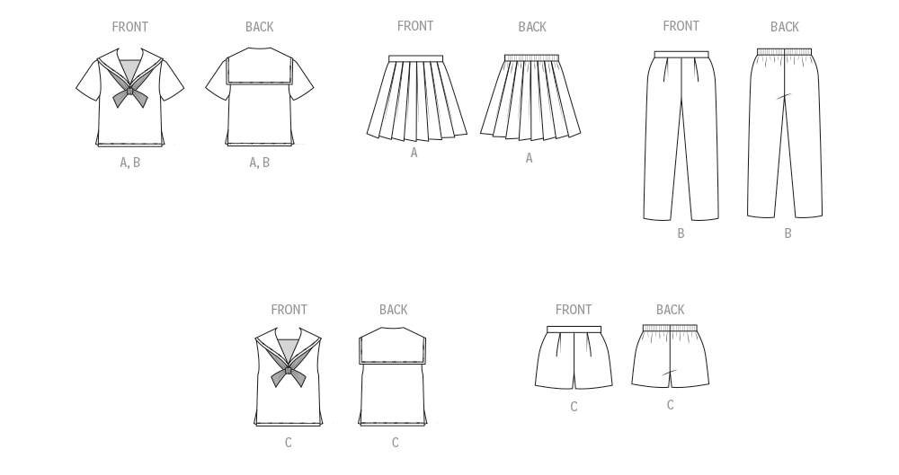 Butterick Schnittmuster B7054 Vintage Kinderrock, Überziehbluse, Hose, Shorts und Mieder