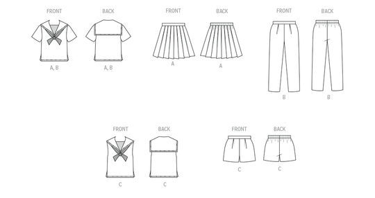 Butterick Schnittmuster B7054 Vintage Kinderrock, Überziehbluse, Hose, Shorts und Mieder