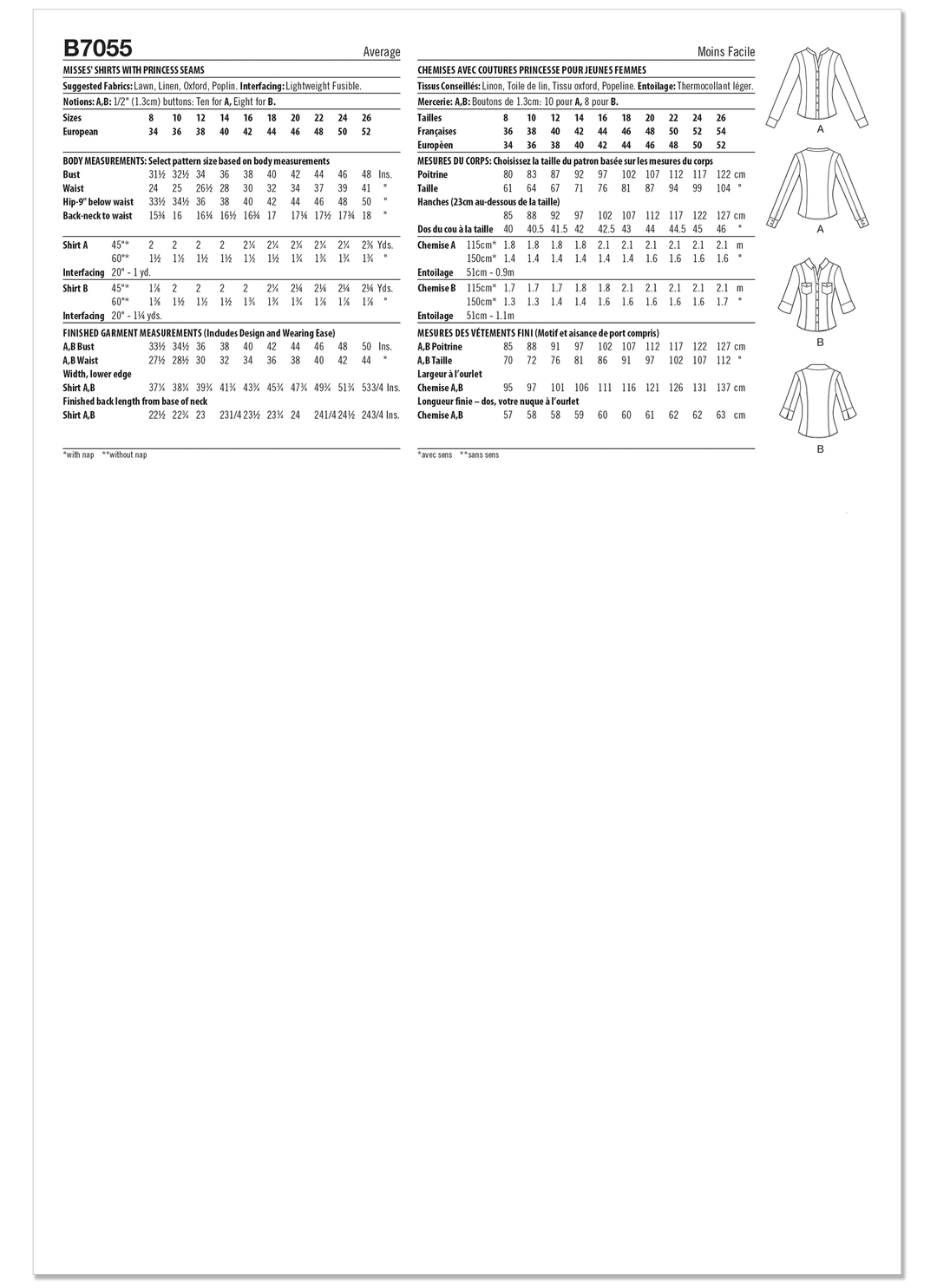 Butterick Schnittmuster B7055 – Damenbluse mit Prinzessnähten von Palmer/Pletsch