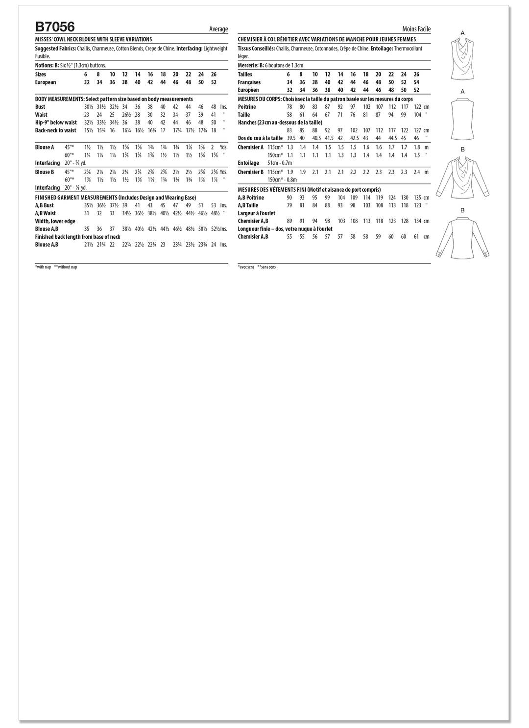 Butterick Schnittmuster B7056 – Damenbluse mit Wasserfallausschnitt