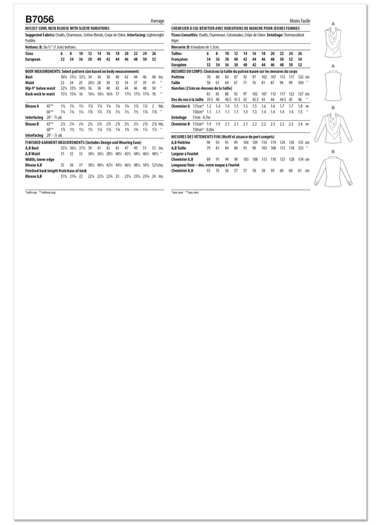 Butterick Schnittmuster B7056 – Damenbluse mit Wasserfallausschnitt