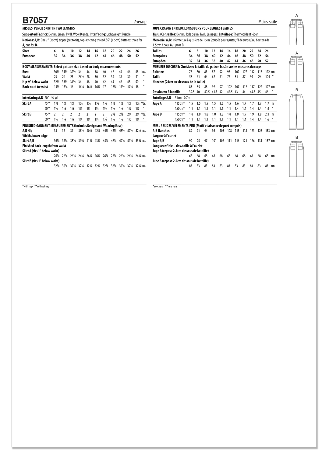 Butterick  Schnittmuster B7057 Bleistiftrock für Damen in zwei Längen