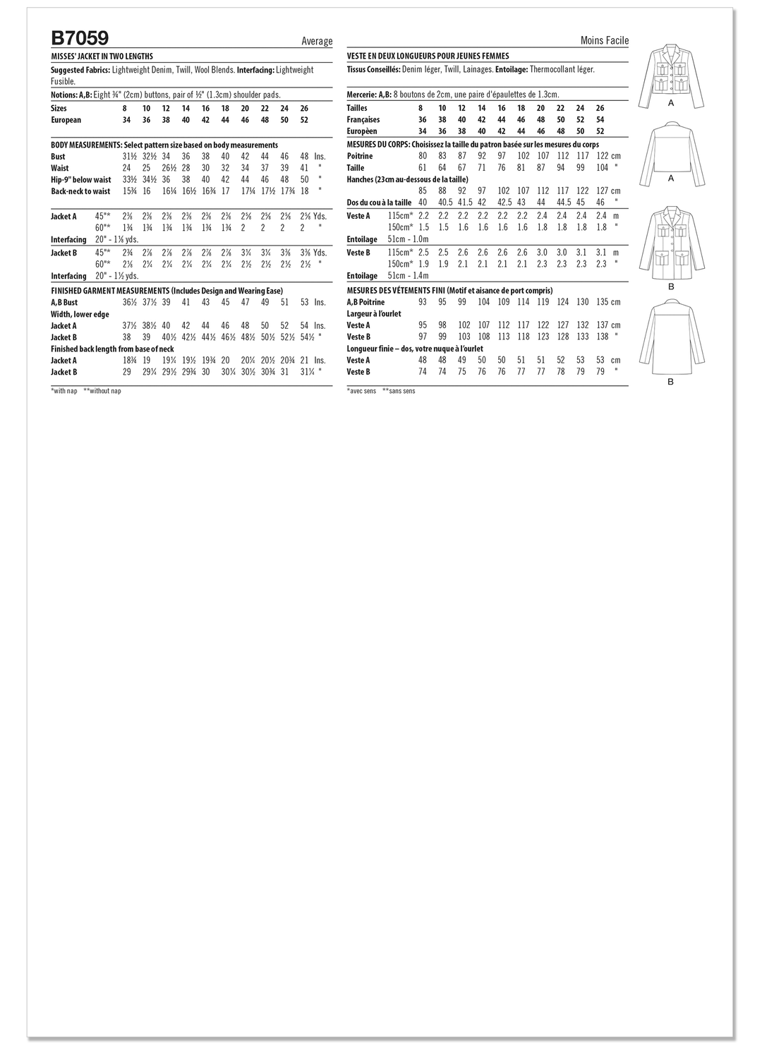 Butterick  Schnittmuster B7059 Jacke für Damen in zwei Längen