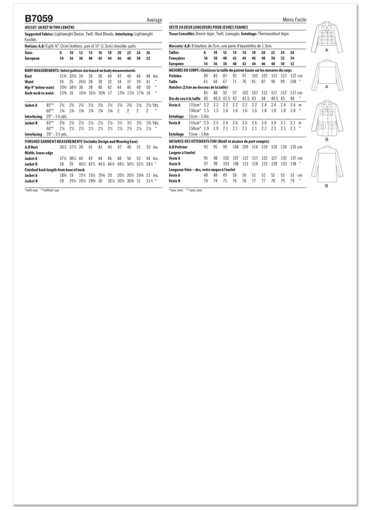 Butterick  Schnittmuster B7059 Jacke für Damen in zwei Längen
