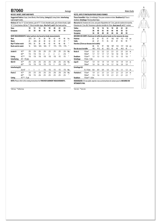 Butterick  Schnittmuster B7060 Jacke, Rock und Hose für Damen