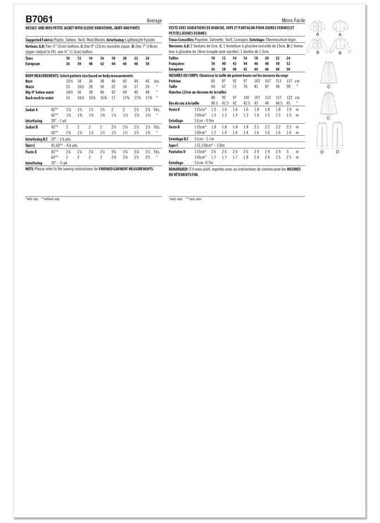 Butterick Schnittmuster B7061 – Damen Jacke, Rock & Hose