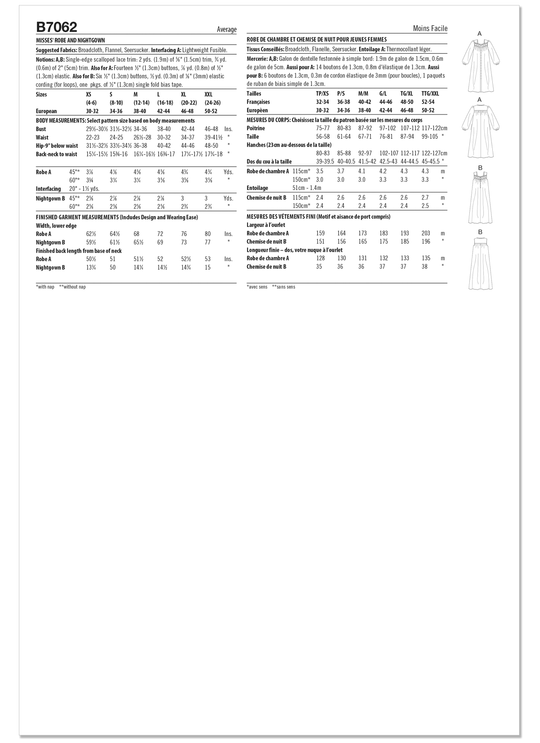 Butterick  Schnittmuster B7062 Damen-Morgenmantel und Nachthemd