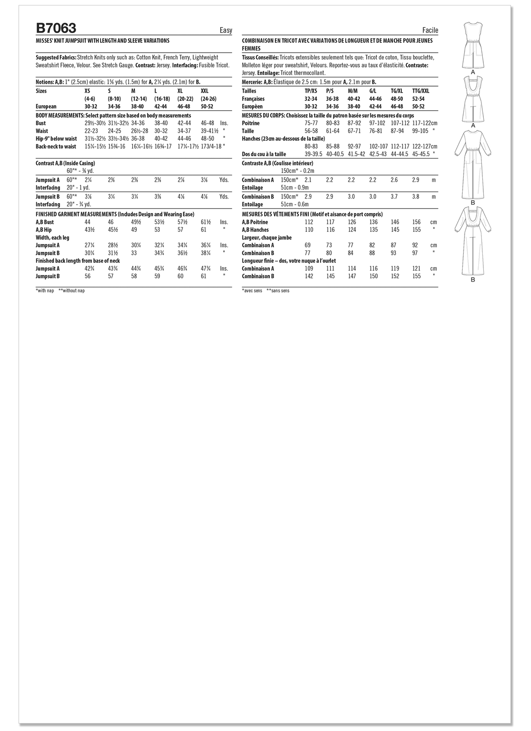 Butterick  Schnittmuster B7063 Damen-Strickoverall mit verschiedenen Längen- und Ärmelvarianten