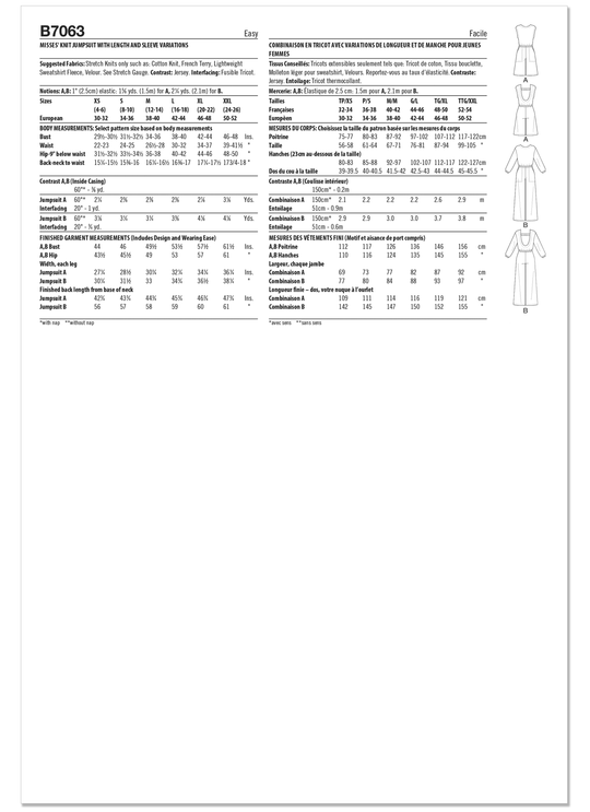 Butterick  Schnittmuster B7063 Damen-Strickoverall mit verschiedenen Längen- und Ärmelvarianten