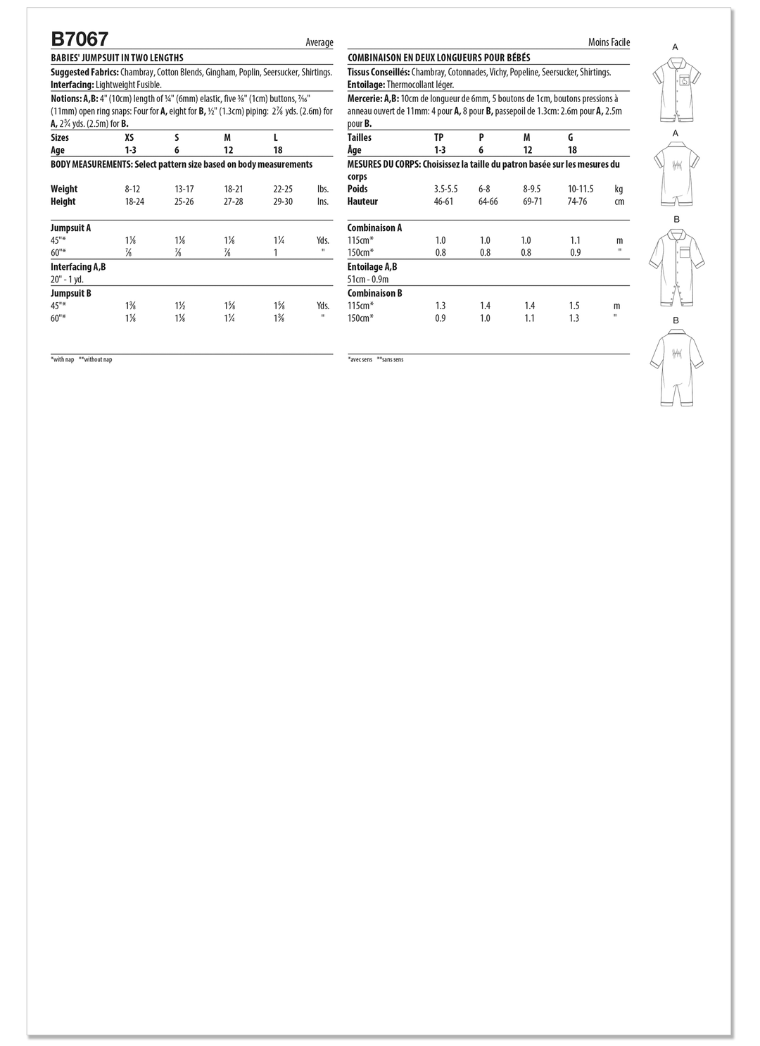 Butterick Schnittmuster B7067 – Baby-Jumpsuit in zwei Längen