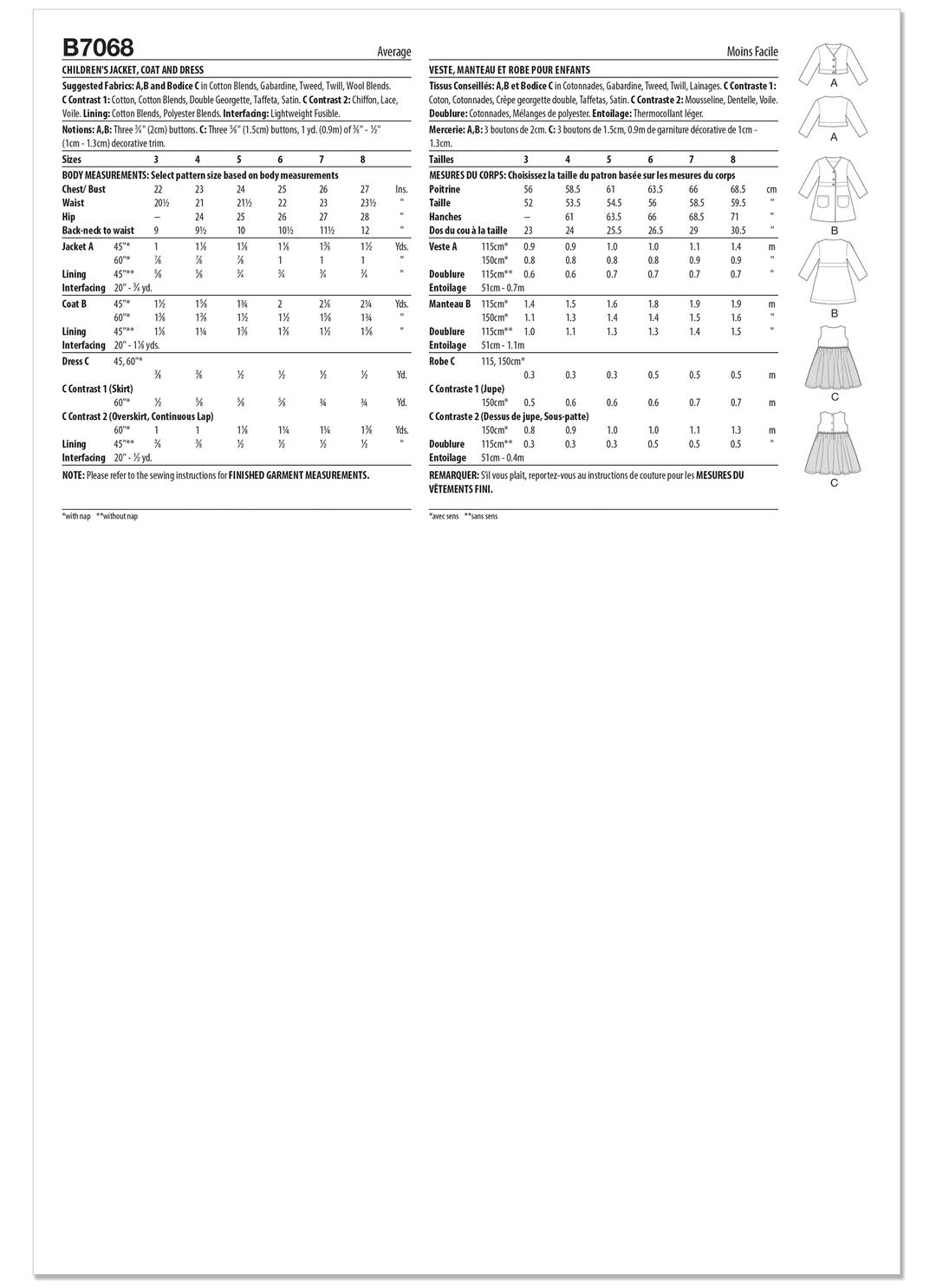 Butterick Schnittmuster B7068 – Kinder Jacke, Mantel & Kleid