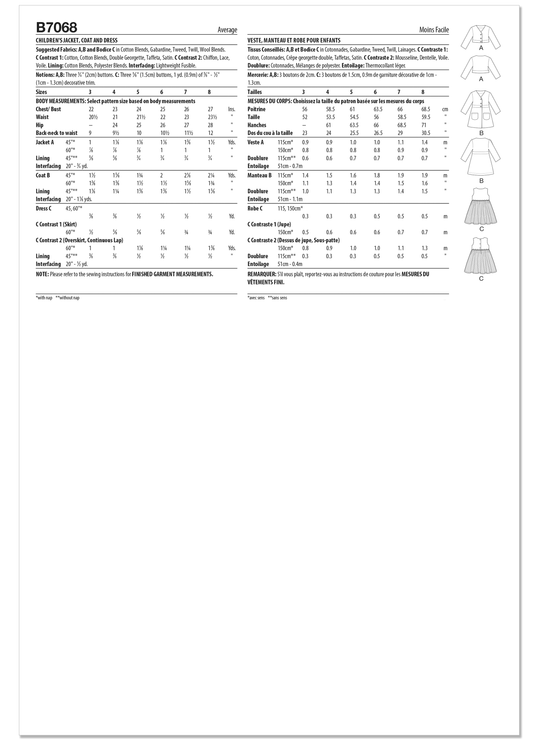 Butterick Schnittmuster B7068 – Kinder Jacke, Mantel & Kleid