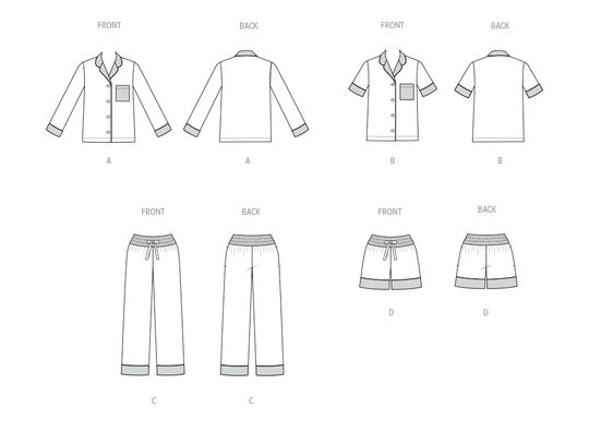 Butterick Schnittmuster B7083 – Damen Pyjama mit Hose oder Shorts