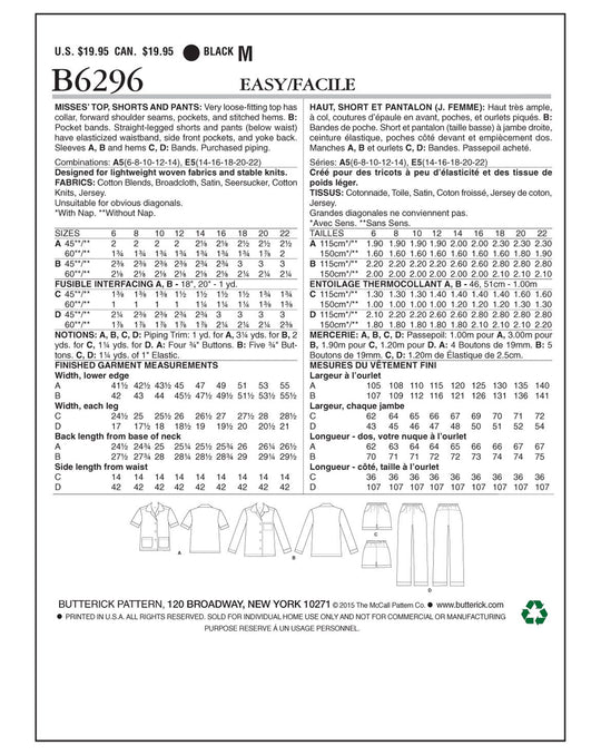 Butterick Schnittmuster B6296 Schlafwäsche Damen Top Hose Pants