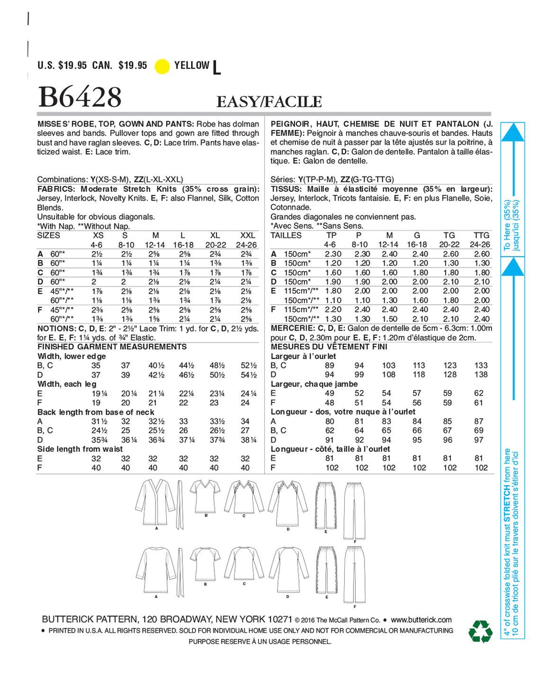 Butterick Schnittmuster B6428 Damen Top Bademantel Hose