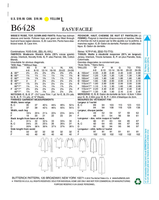 Butterick Schnittmuster B6428 Damen Top Bademantel Hose