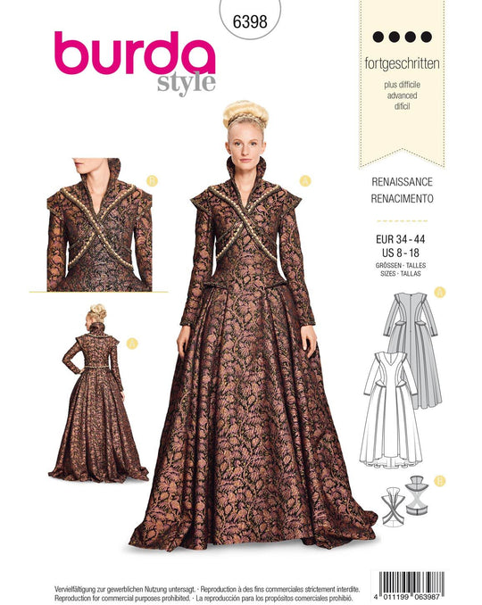 Burda Schnittmuster 6398 Renaissance - Langes festliches Kleid mit ausladendem Rock