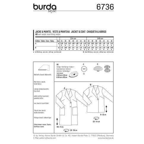 Burda Schnittmuster 6736 Jacke Mantel
