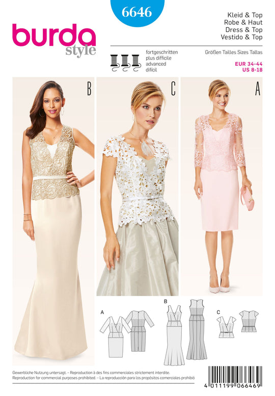 Burda Schnittmuster 6646 Abendkleid und Spitzenoberteil für Damen