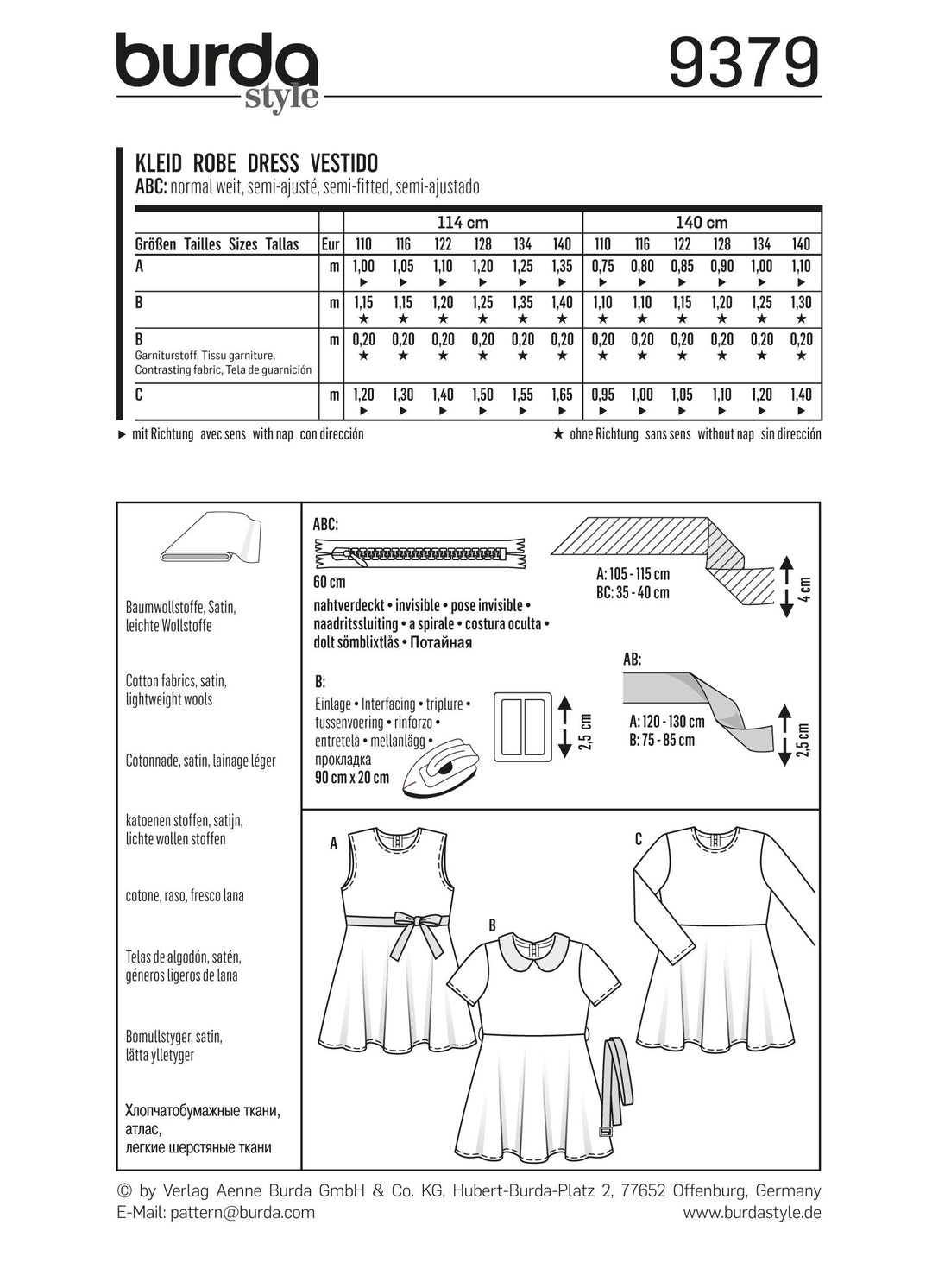 Burda Schnittmuster 9379 Mädchenkleid