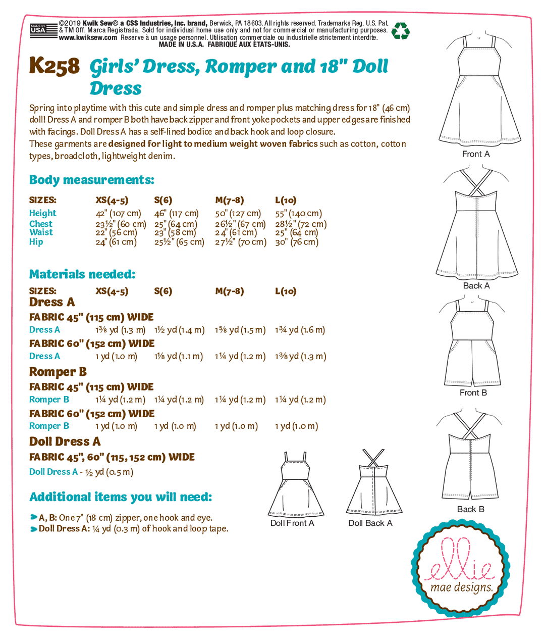 Kwik Sew Schnittmuster K0258 Puppen und Mädchen Kleid