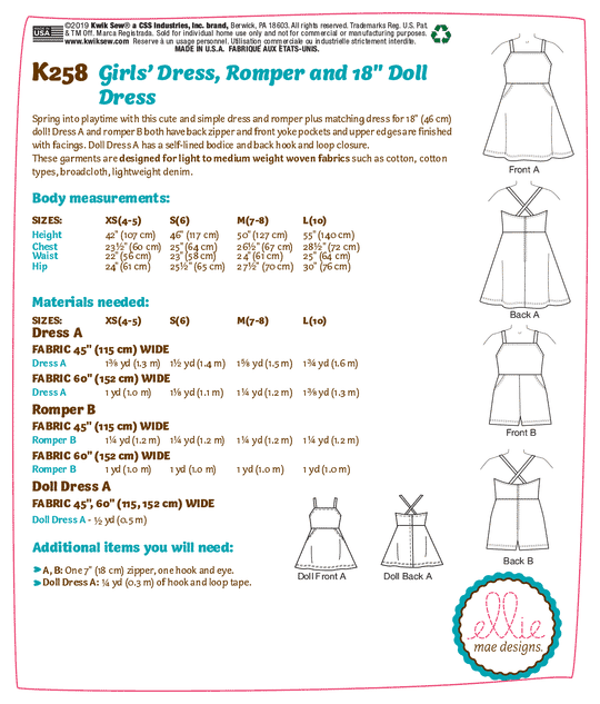 Kwik Sew Schnittmuster K0258 Puppen und Mädchen Kleid