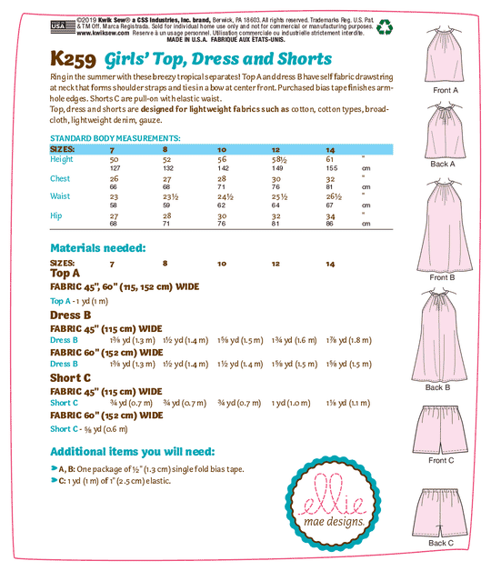 Kwik Sew Schnittmuster K0259 Mädchen Top, Kleid und Shorts