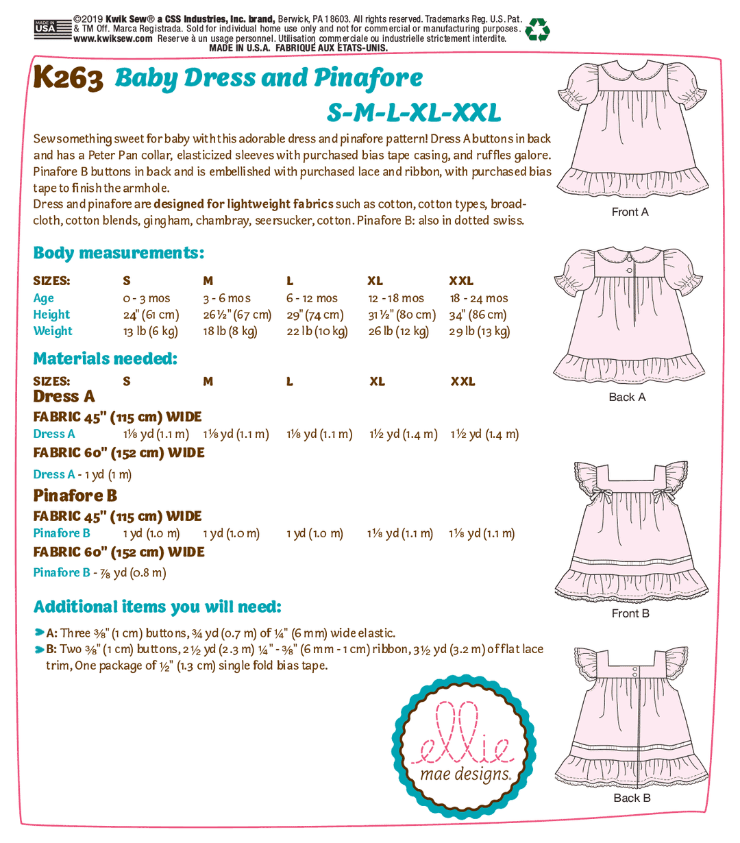 Kwik Sew Schnittmuster K0263 Baby Kleid