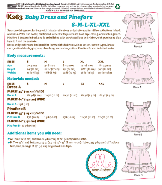 Kwik Sew Schnittmuster K0263 Baby Kleid