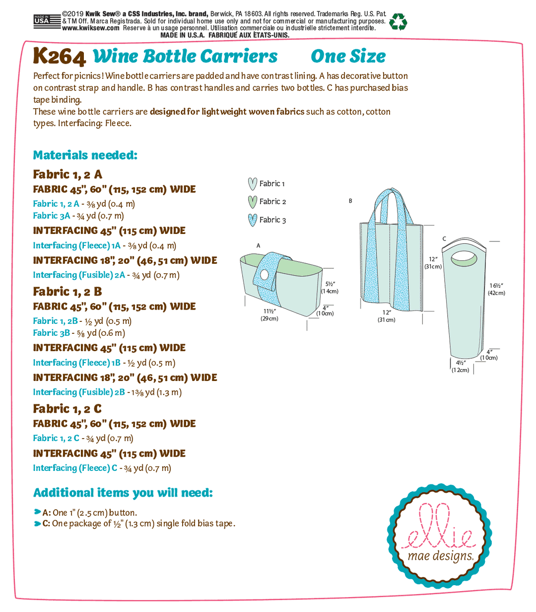 Kwik Sew Schnittmuster K0264 Weintasche