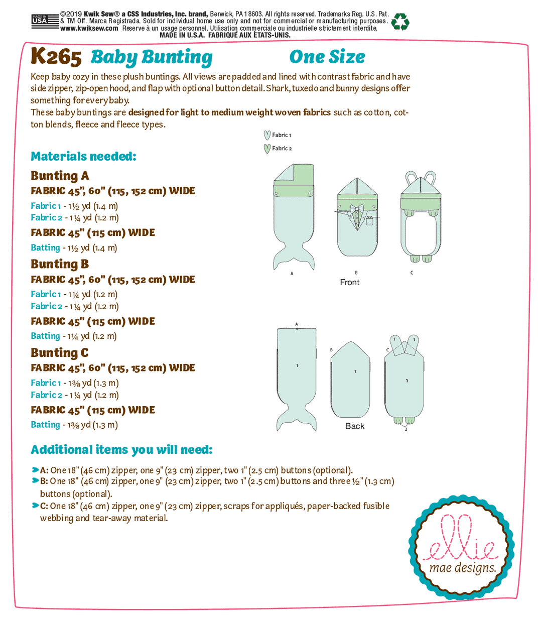 Kwik Sew Schnittmuster K0265 Baby Schlafsack