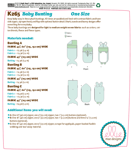 Kwik Sew Schnittmuster K0265 Baby Schlafsack