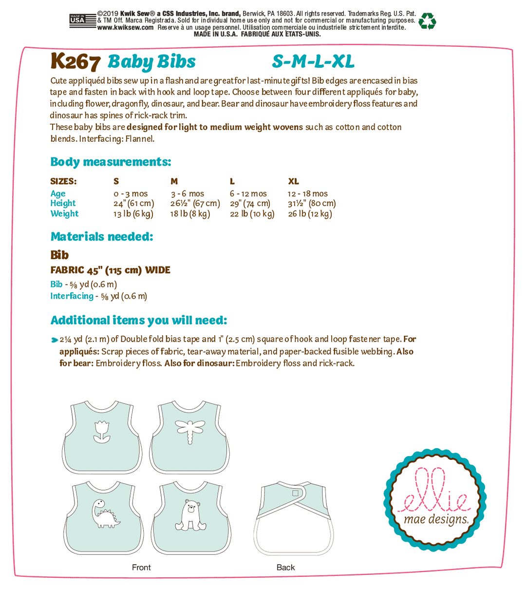 Kwik Sew Schnittmuster K0267 Baby Schlabberlätzchen